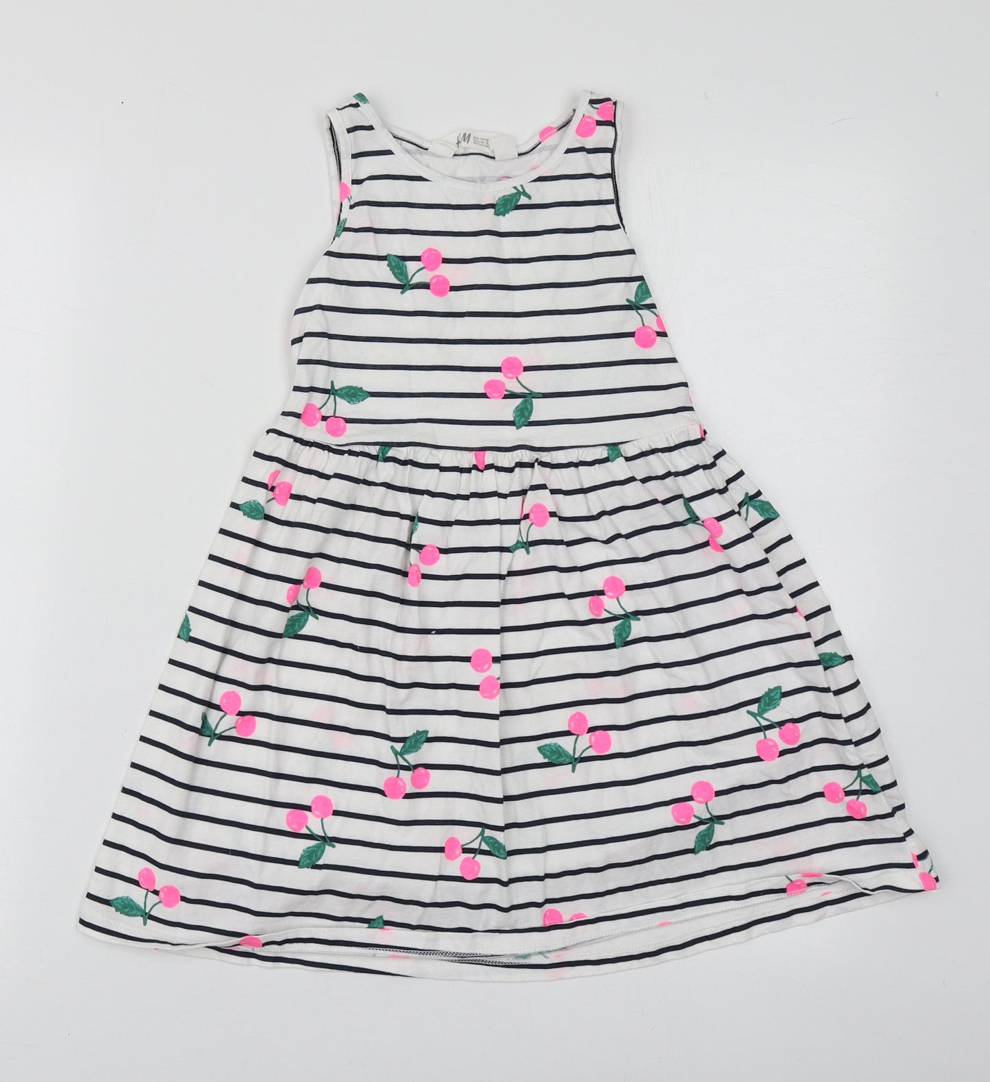H&M Girls White Striped Cotton Skater Dress  Size 6-7 Years  Round Neck