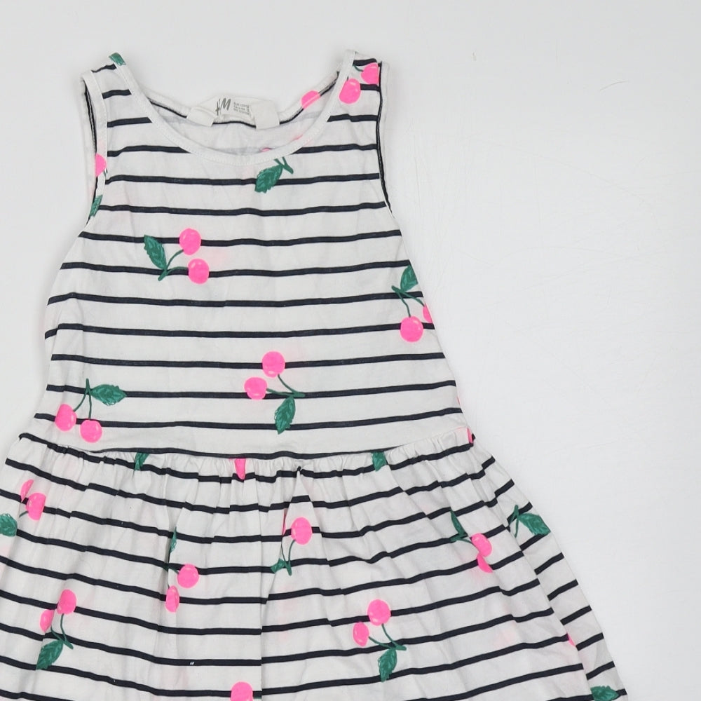 H&M Girls White Striped Cotton Skater Dress  Size 6-7 Years  Round Neck