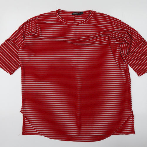 Boohoo Womens Red Striped Polyester Basic T-Shirt Size 10 Round Neck