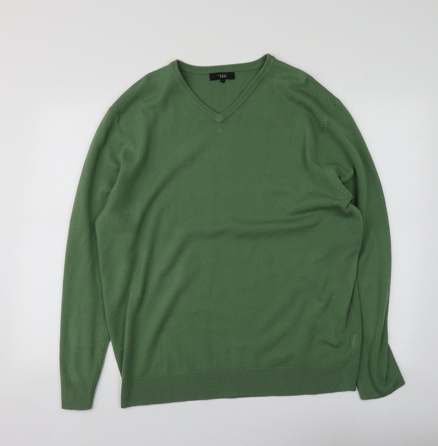 Thomas Nash Mens Green V-Neck  Acrylic Pullover Jumper Size L