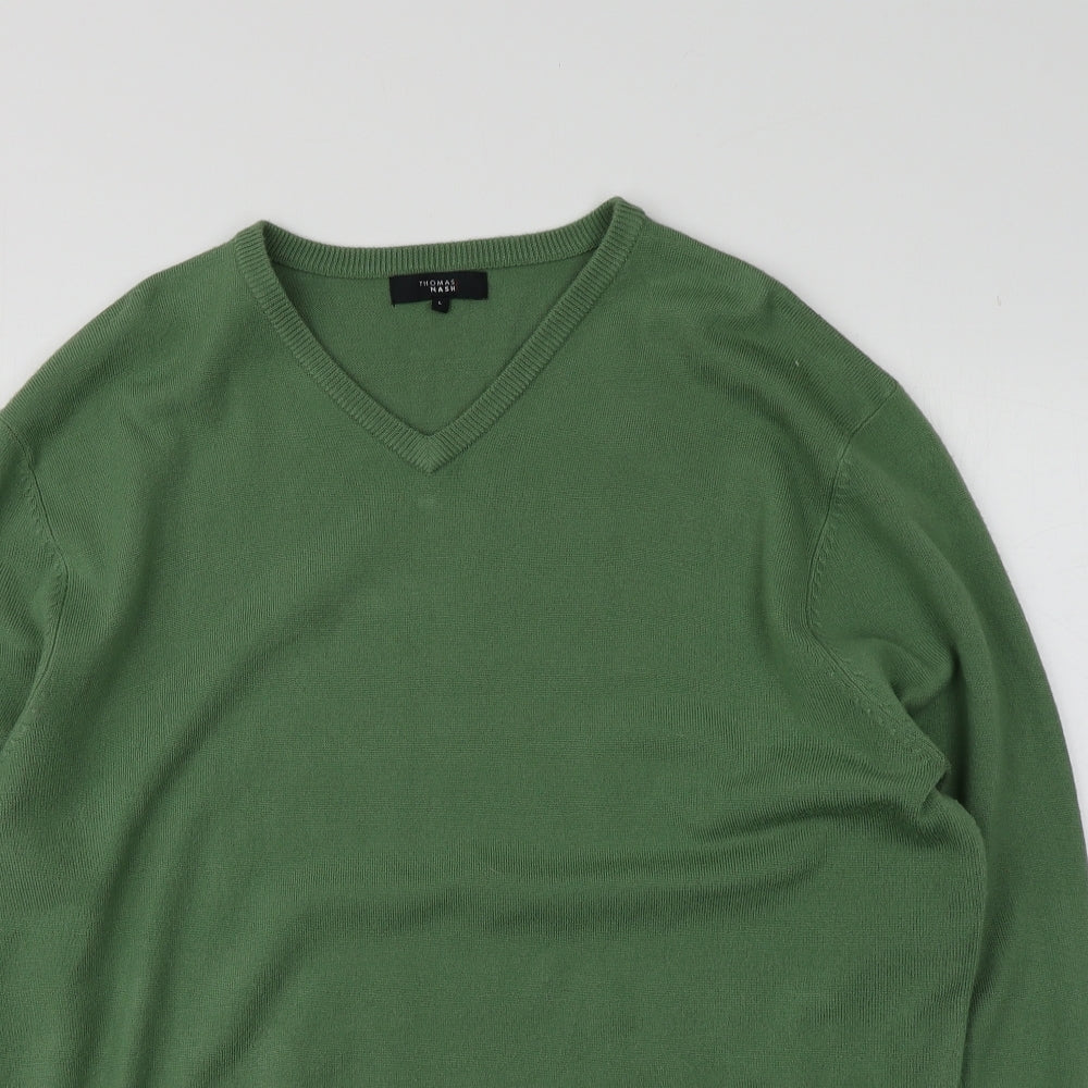 Thomas Nash Mens Green V-Neck  Acrylic Pullover Jumper Size L