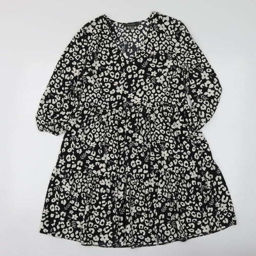 Primark Womens Black Geometric Polyester Skater Dress  Size 4  V-Neck