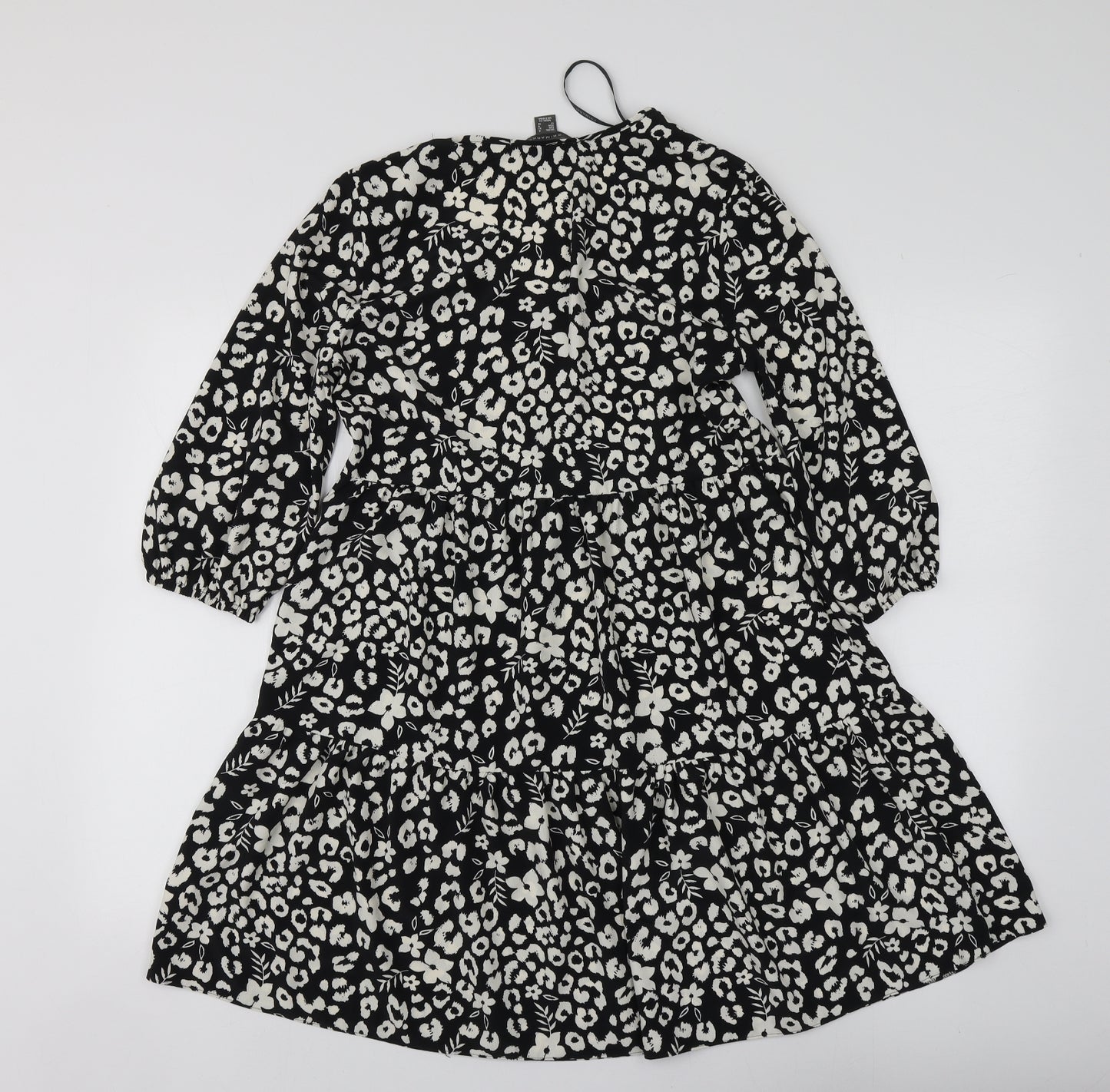 Primark Womens Black Geometric Polyester Skater Dress  Size 4  V-Neck