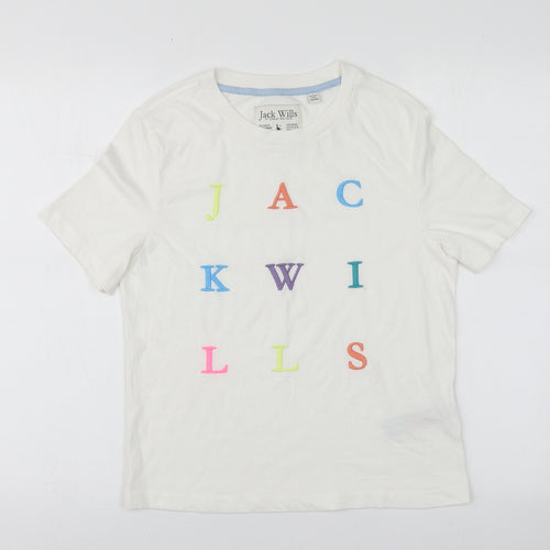 Jack Wills Womens White Geometric Cotton Basic T-Shirt Size 8 Round Neck