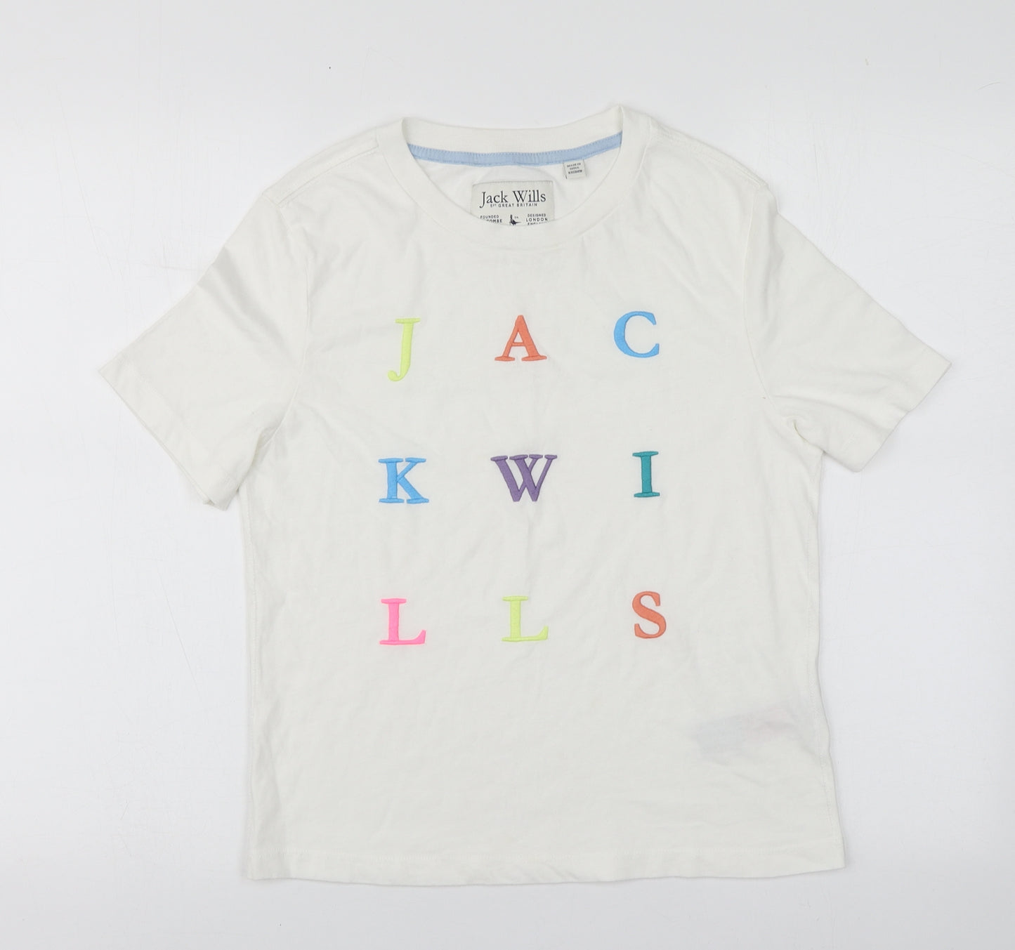 Jack Wills Womens White Geometric Cotton Basic T-Shirt Size 8 Round Neck
