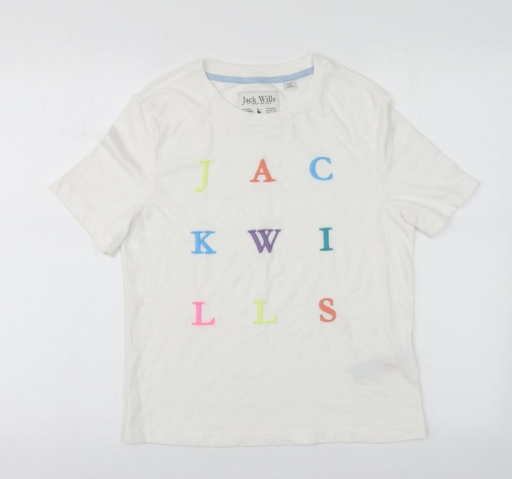 Jack Wills Womens White Geometric Cotton Basic T-Shirt Size 8 Round Neck