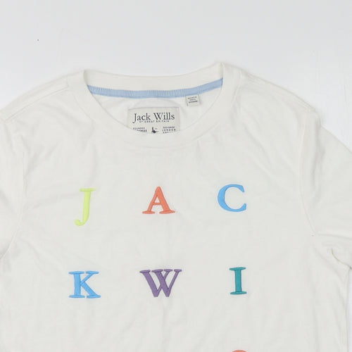 Jack Wills Womens White Geometric Cotton Basic T-Shirt Size 8 Round Neck
