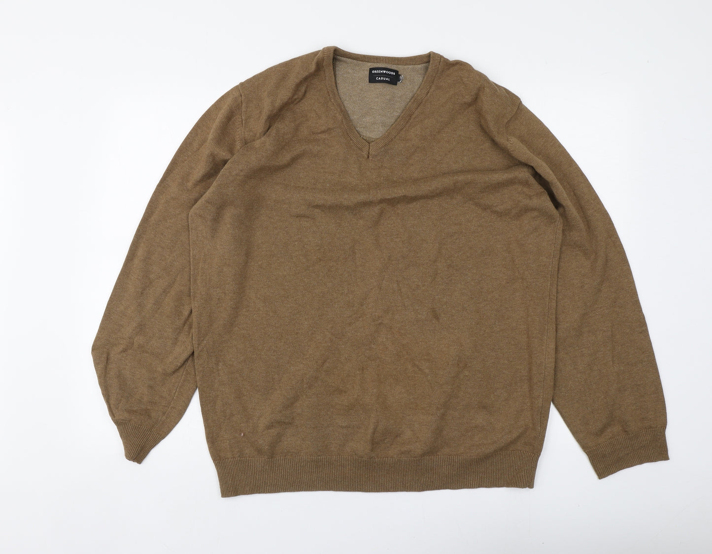 Greenwoods Mens Brown V-Neck  Cotton Pullover Jumper Size XL