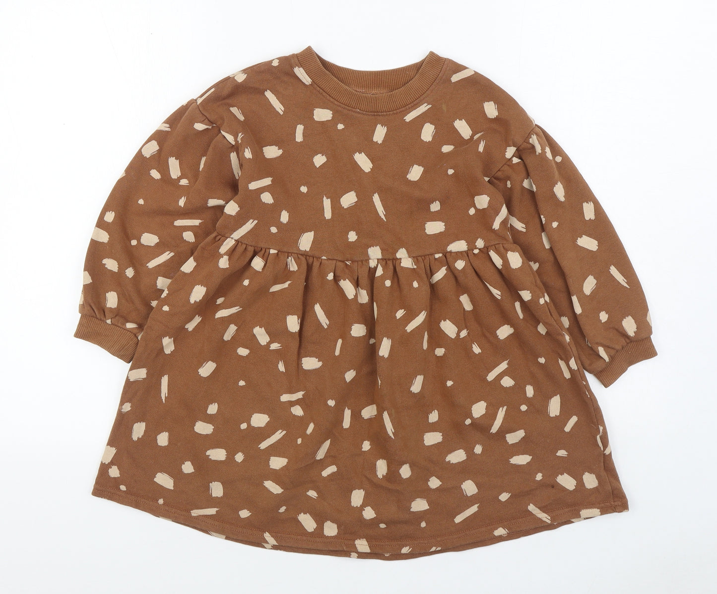 NEXT Girls Brown Geometric Cotton Jumper Dress Size 5-6 Years Round Neck Pullover