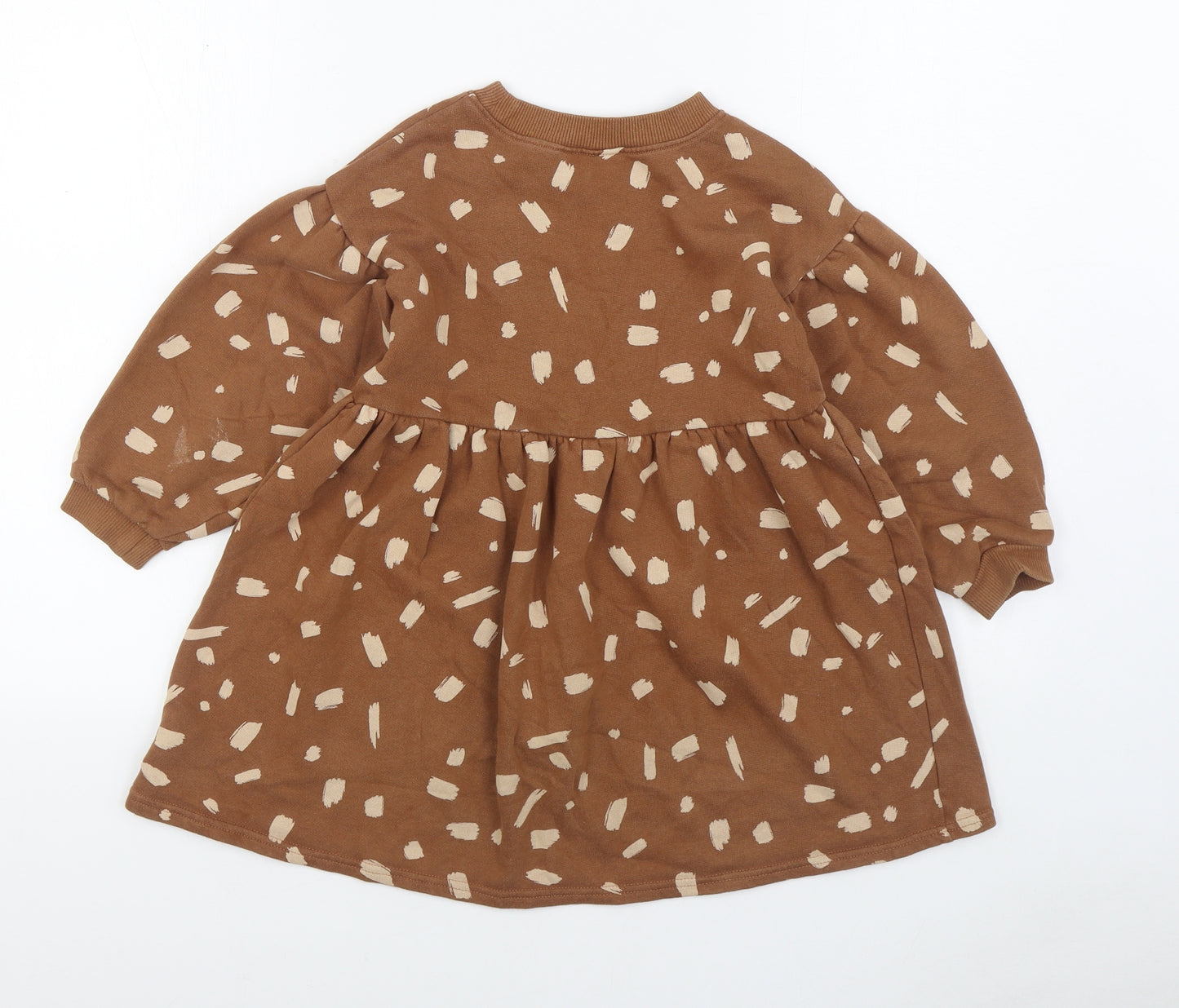 NEXT Girls Brown Geometric Cotton Jumper Dress Size 5-6 Years Round Neck Pullover