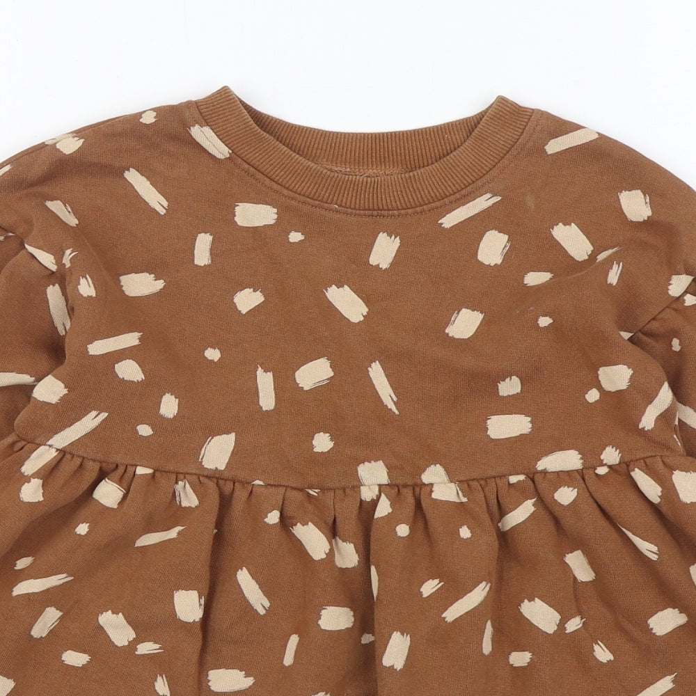 NEXT Girls Brown Geometric Cotton Jumper Dress Size 5-6 Years Round Neck Pullover
