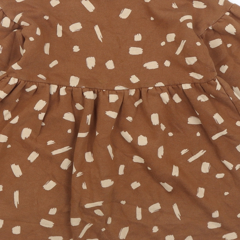 NEXT Girls Brown Geometric Cotton Jumper Dress Size 5-6 Years Round Neck Pullover