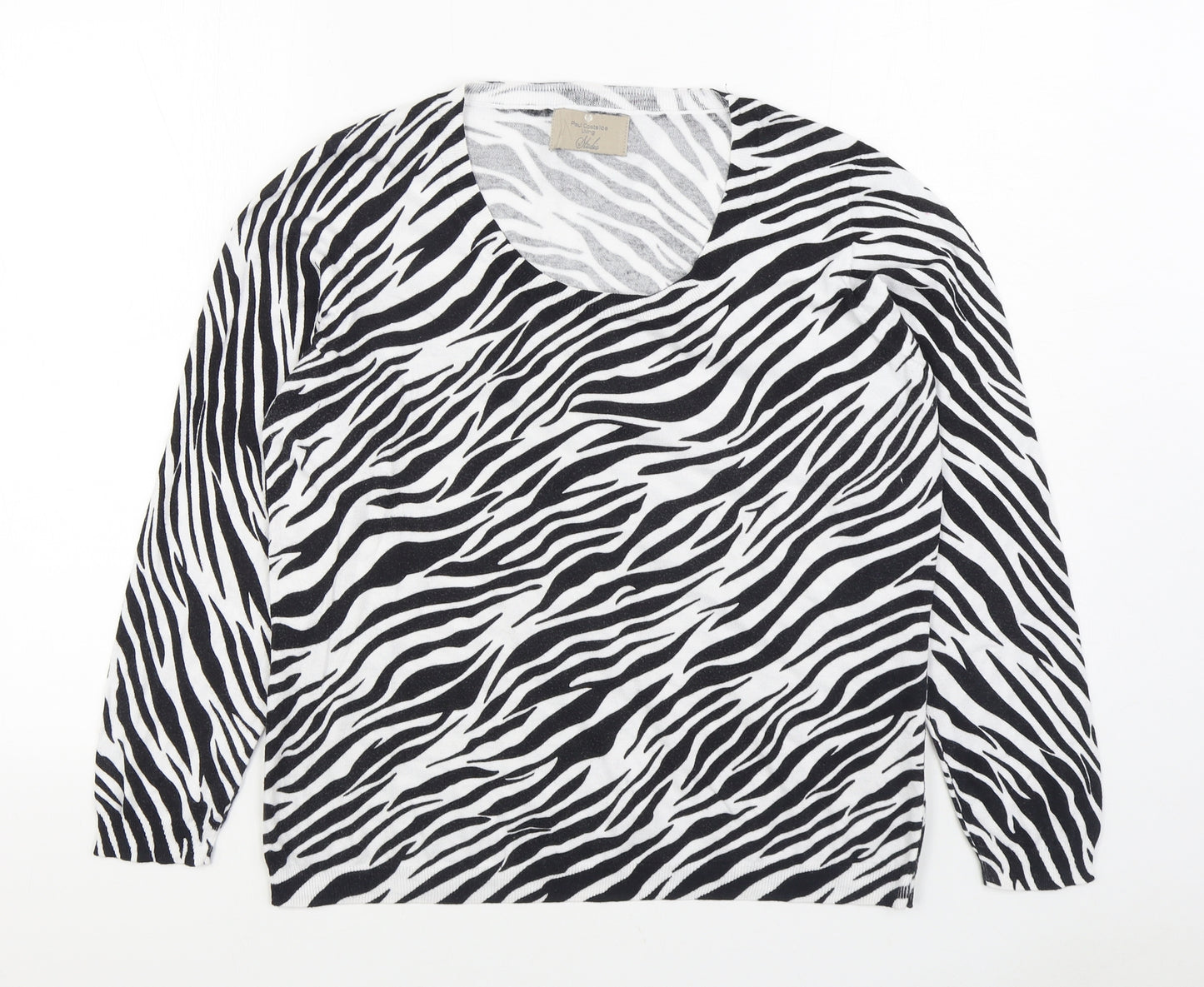 Paul Costelloe Womens Black Scoop Neck Animal Print 100% Cotton Pullover Jumper Size L