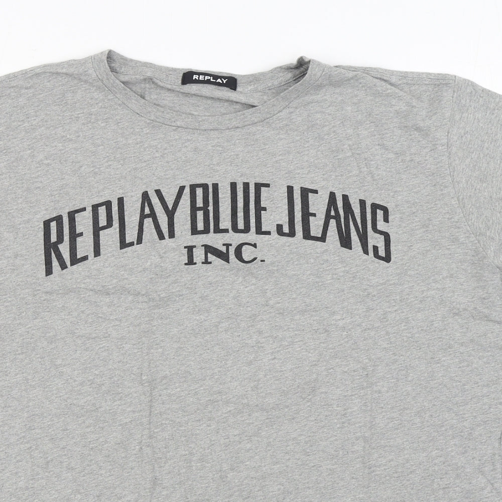 Replay Mens Grey Cotton T-Shirt Size XL Round Neck