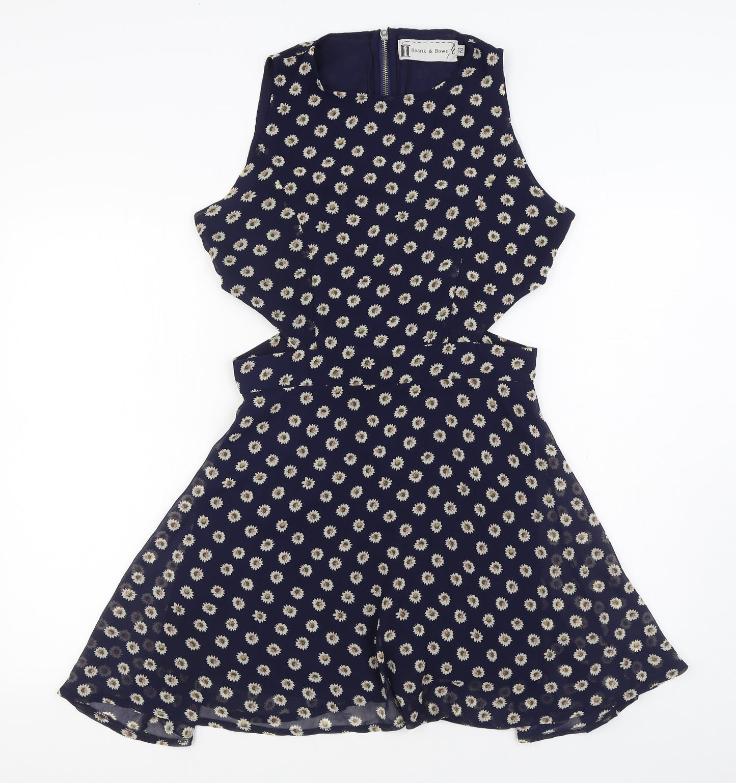 Hearts and Bows Womens Blue Geometric Polyester Skater Dress Size 12 Round Neck Zip