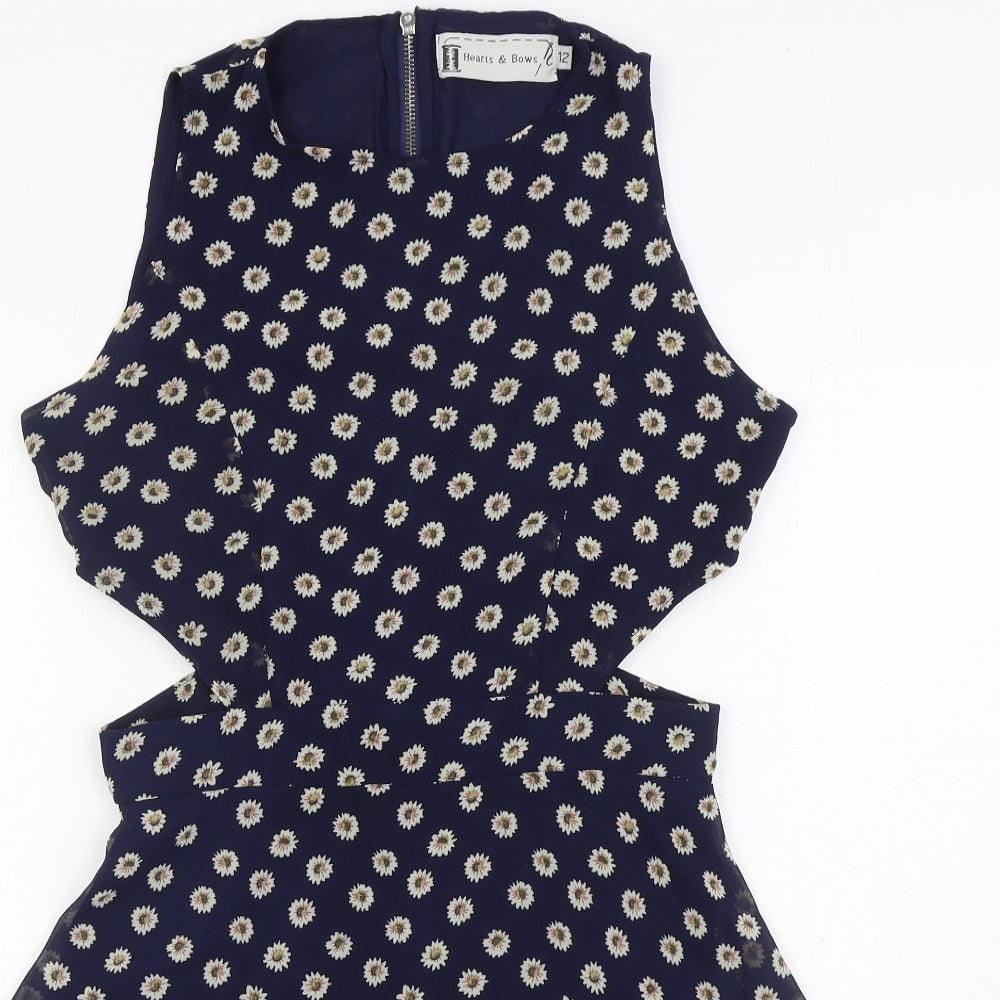 Hearts and Bows Womens Blue Geometric Polyester Skater Dress Size 12 Round Neck Zip