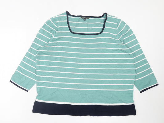 Front view of Bonmarché women’s green square neck striped cotton jumper, size UK 20