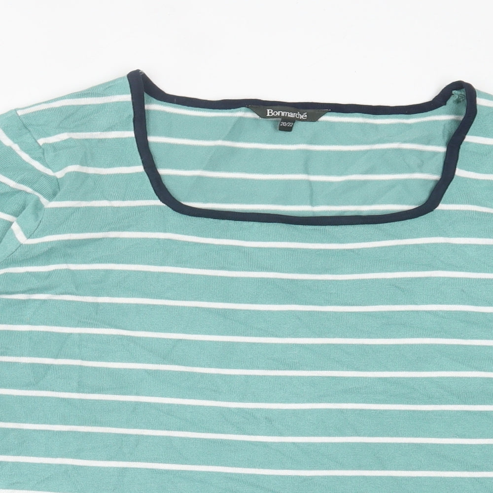 bonmarch Womens Green Square Neck Striped Cotton Pullover Jumper Size 20