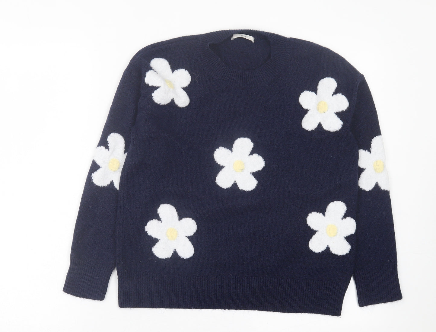 TU Womens Blue Crew Neck Floral Acrylic Pullover Jumper Size M