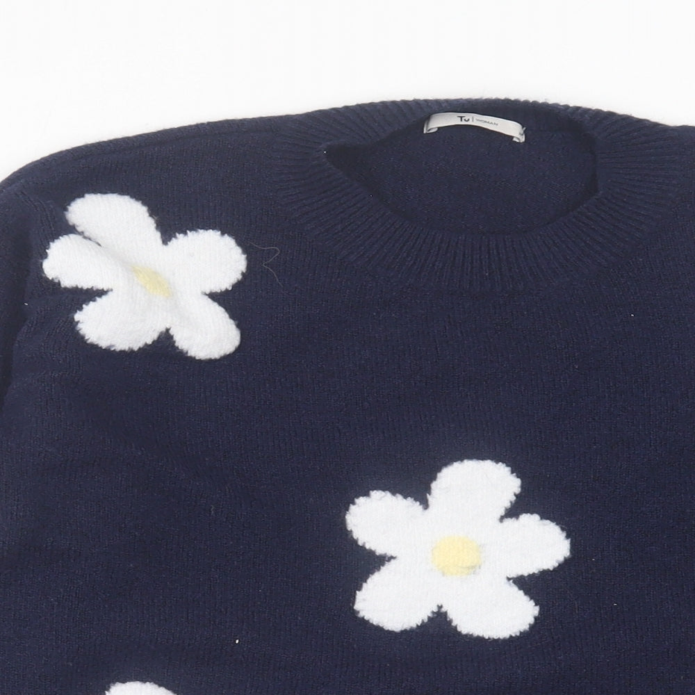 TU Womens Blue Crew Neck Floral Acrylic Pullover Jumper Size M