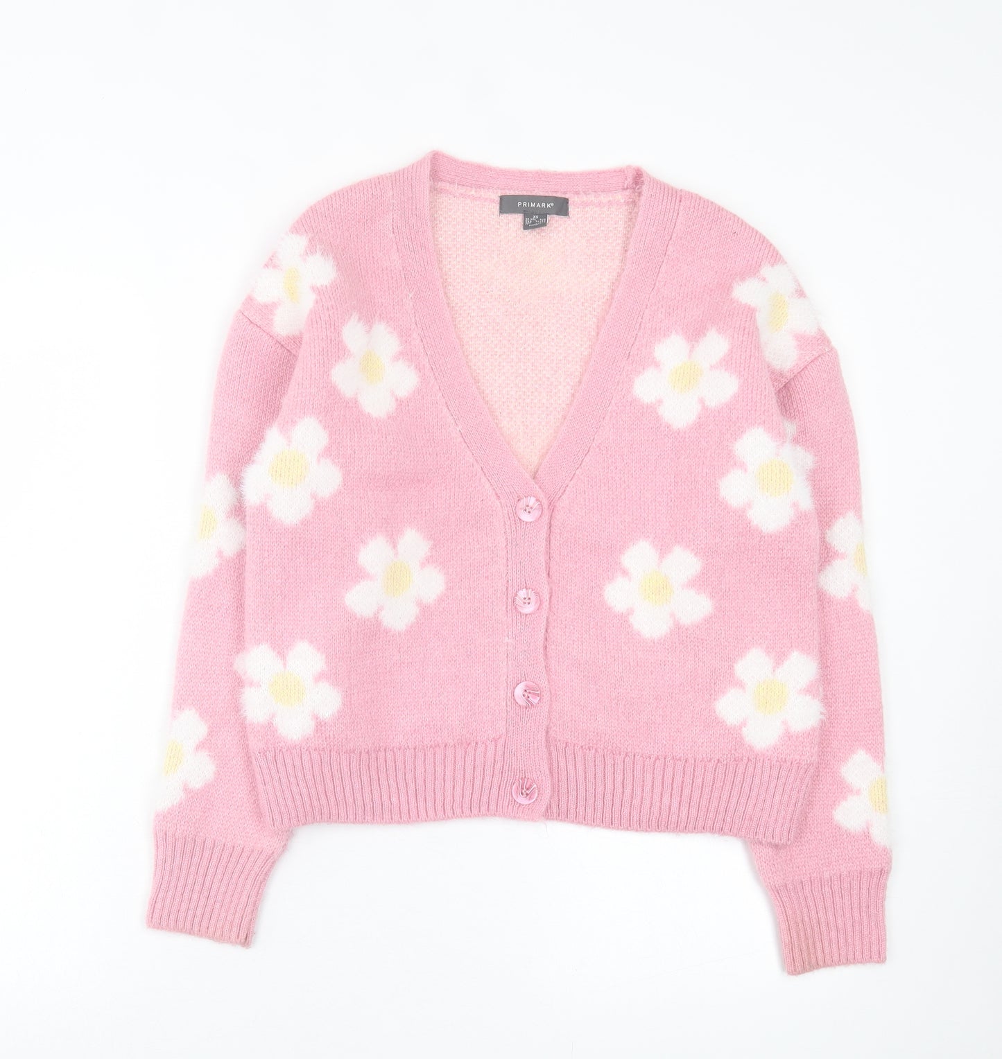 Primark Womens Pink V-Neck Floral Acrylic Cardigan Jumper Size XS