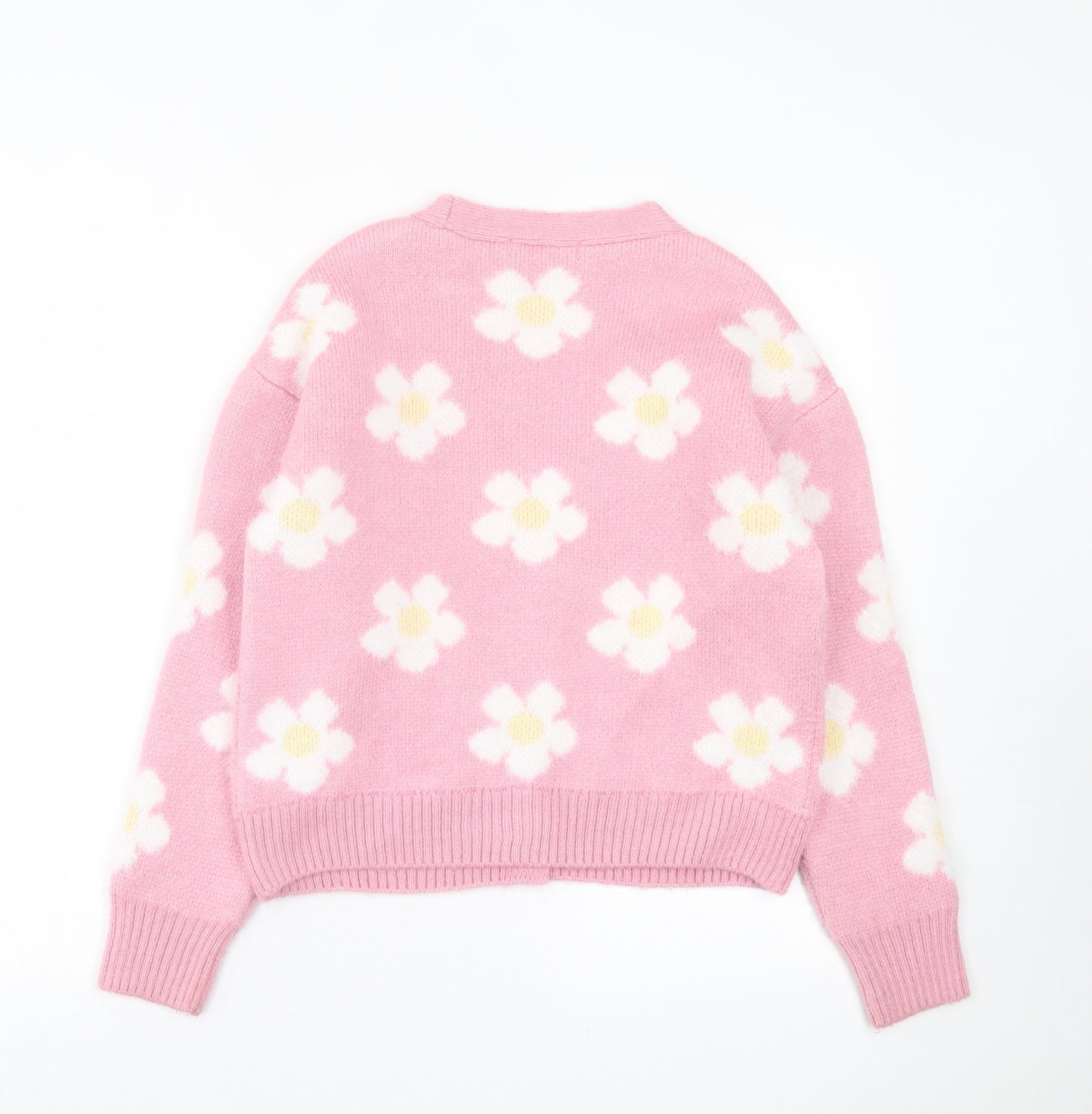 Primark Womens Pink V-Neck Floral Acrylic Cardigan Jumper Size XS