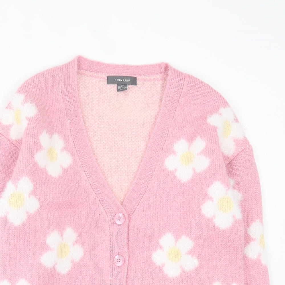 Primark Womens Pink V-Neck Floral Acrylic Cardigan Jumper Size XS