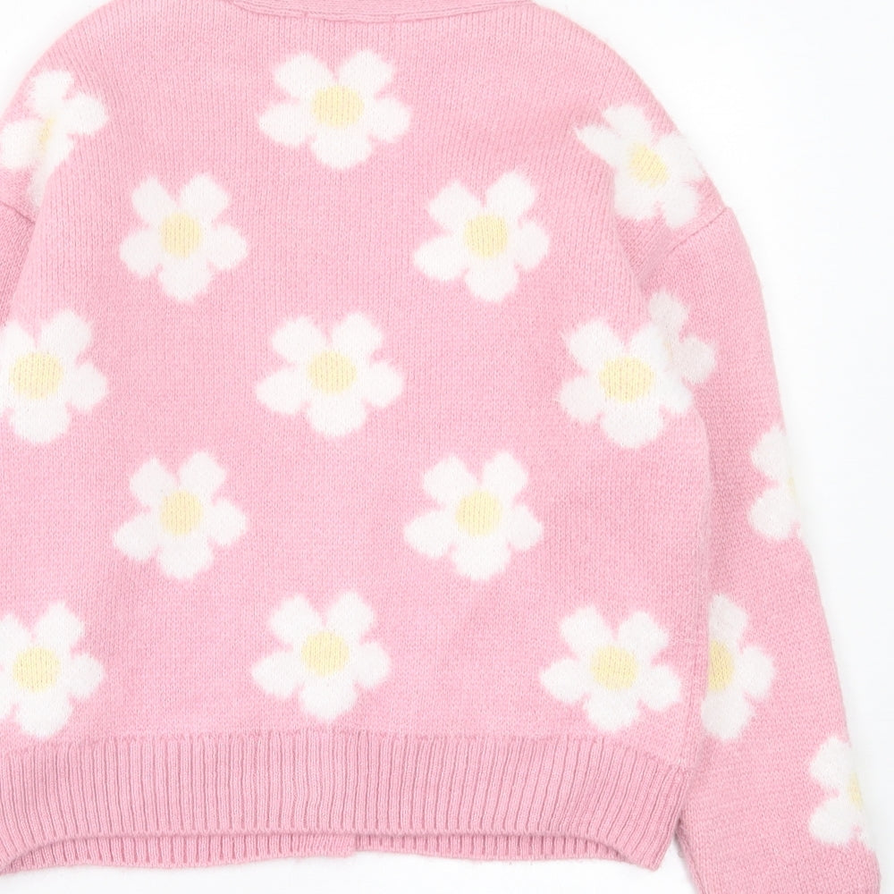 Primark Womens Pink V-Neck Floral Acrylic Cardigan Jumper Size XS