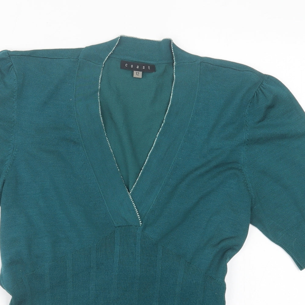 Coast Womens Green V-Neck Silk Pullover Jumper Size 12