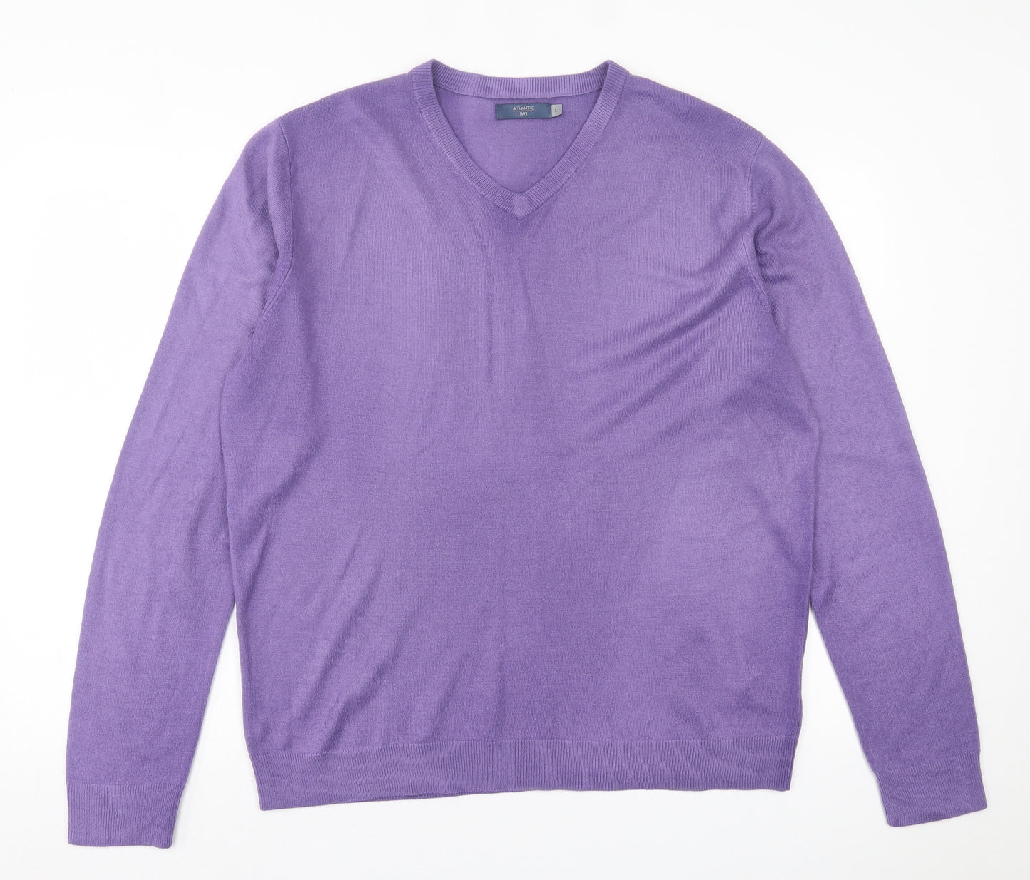 Atlantic Bay Mens Purple V-Neck Acrylic Pullover Jumper Size L