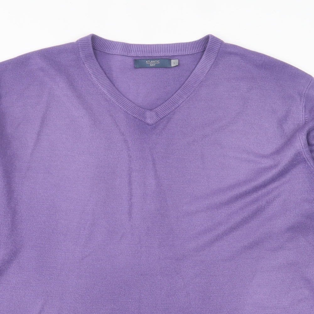 Atlantic Bay Mens Purple V-Neck Acrylic Pullover Jumper Size L