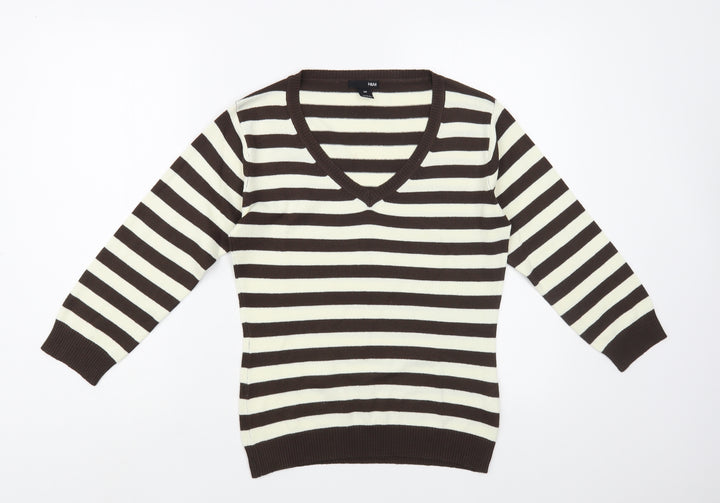 H&M Womens Ivory V-Neck Striped Acrylic Pullover Jumper Size M