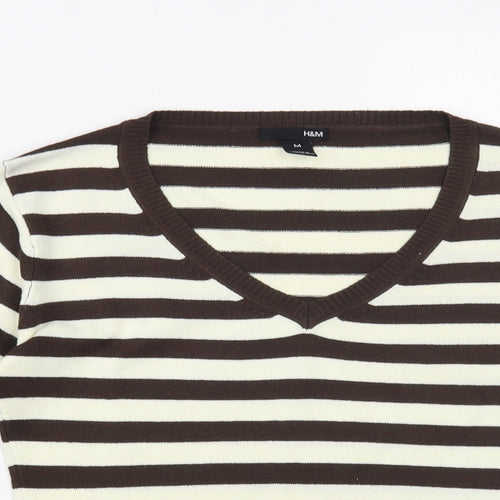 H&M Womens Ivory V-Neck Striped Acrylic Pullover Jumper Size M