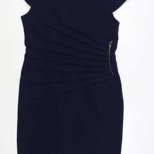 Derhy Womens Blue Polyester Pencil Dress Size L Boat Neck Zip