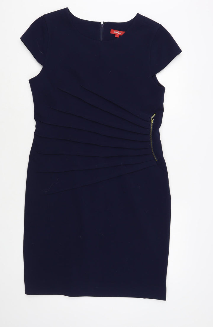 Derhy Womens Blue Polyester Pencil Dress Size L Boat Neck Zip
