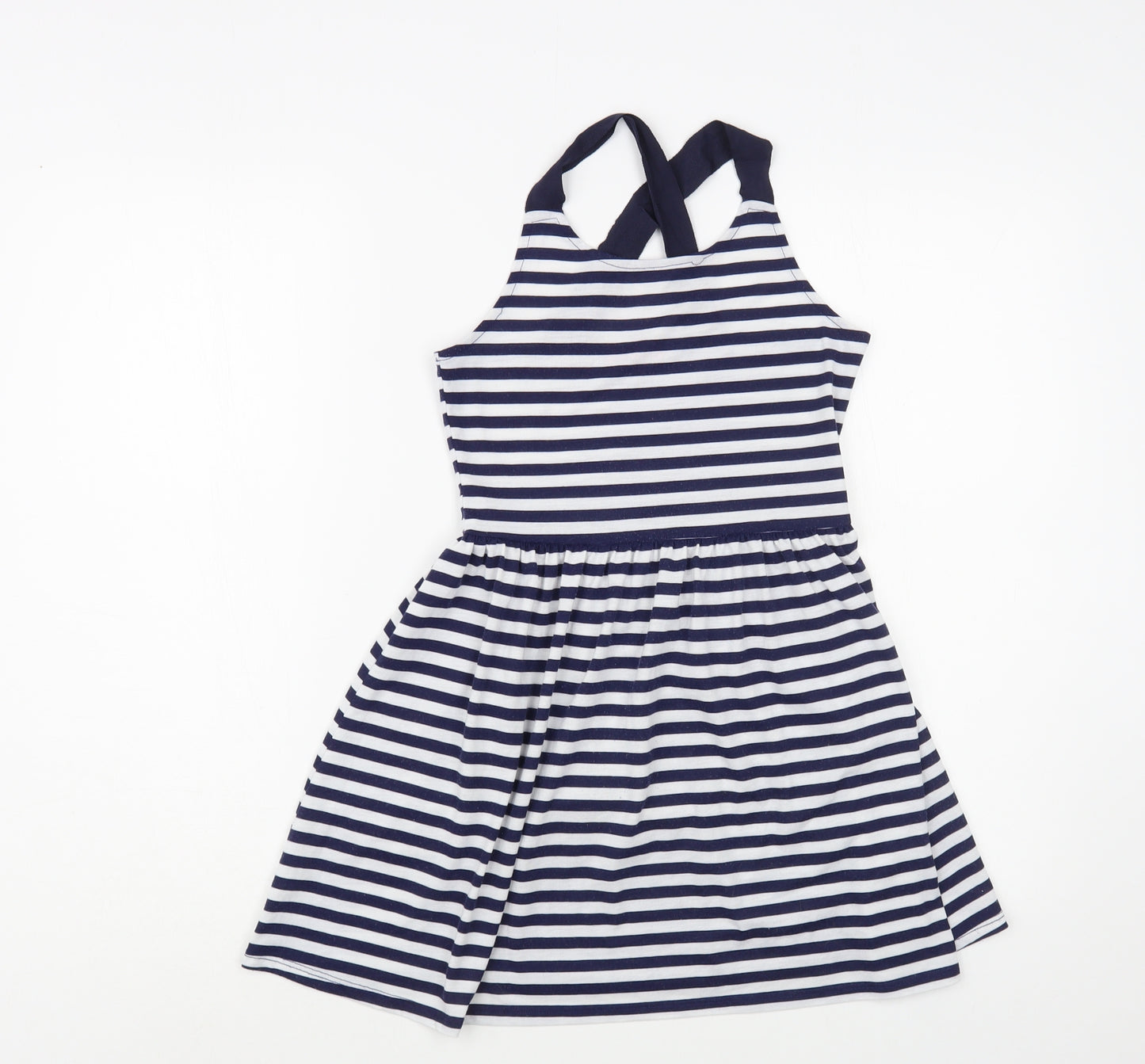 Primark Girls Blue Striped Polyester Tank Dress Size 9-10 Years Scoop Neck Pullover