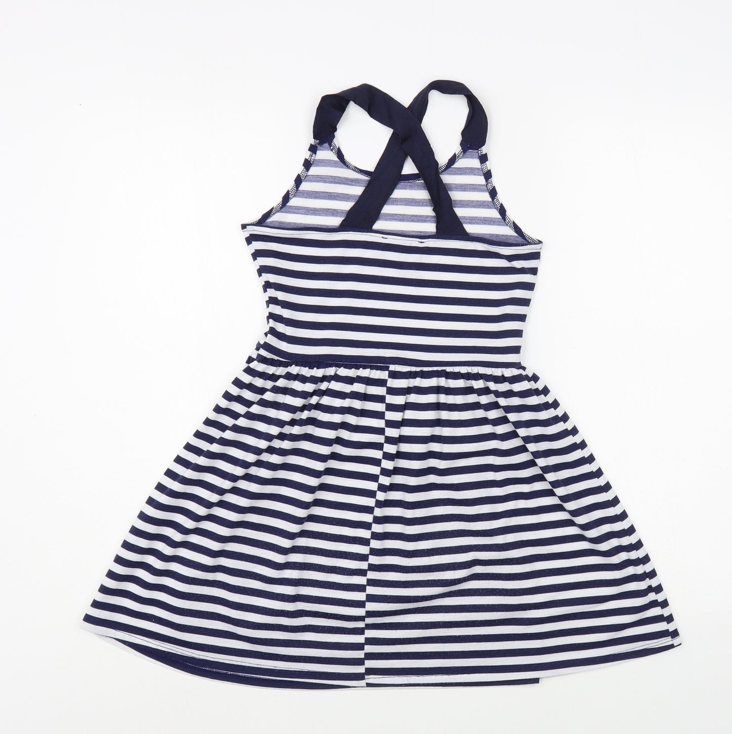 Primark Girls Blue Striped Polyester Tank Dress Size 9-10 Years Scoop Neck Pullover