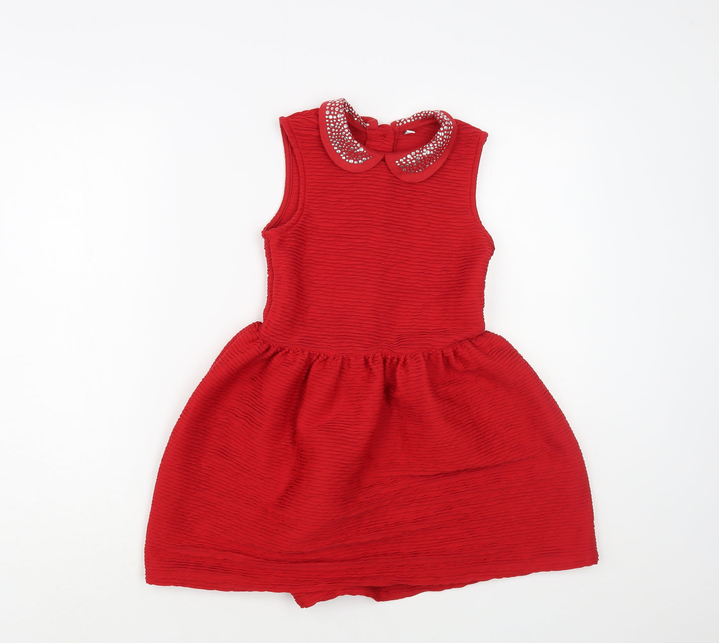 Marks and Spencer Girls Red Polyester Fit & Flare Size 7-8 Years Collared Button - Embellished Collar