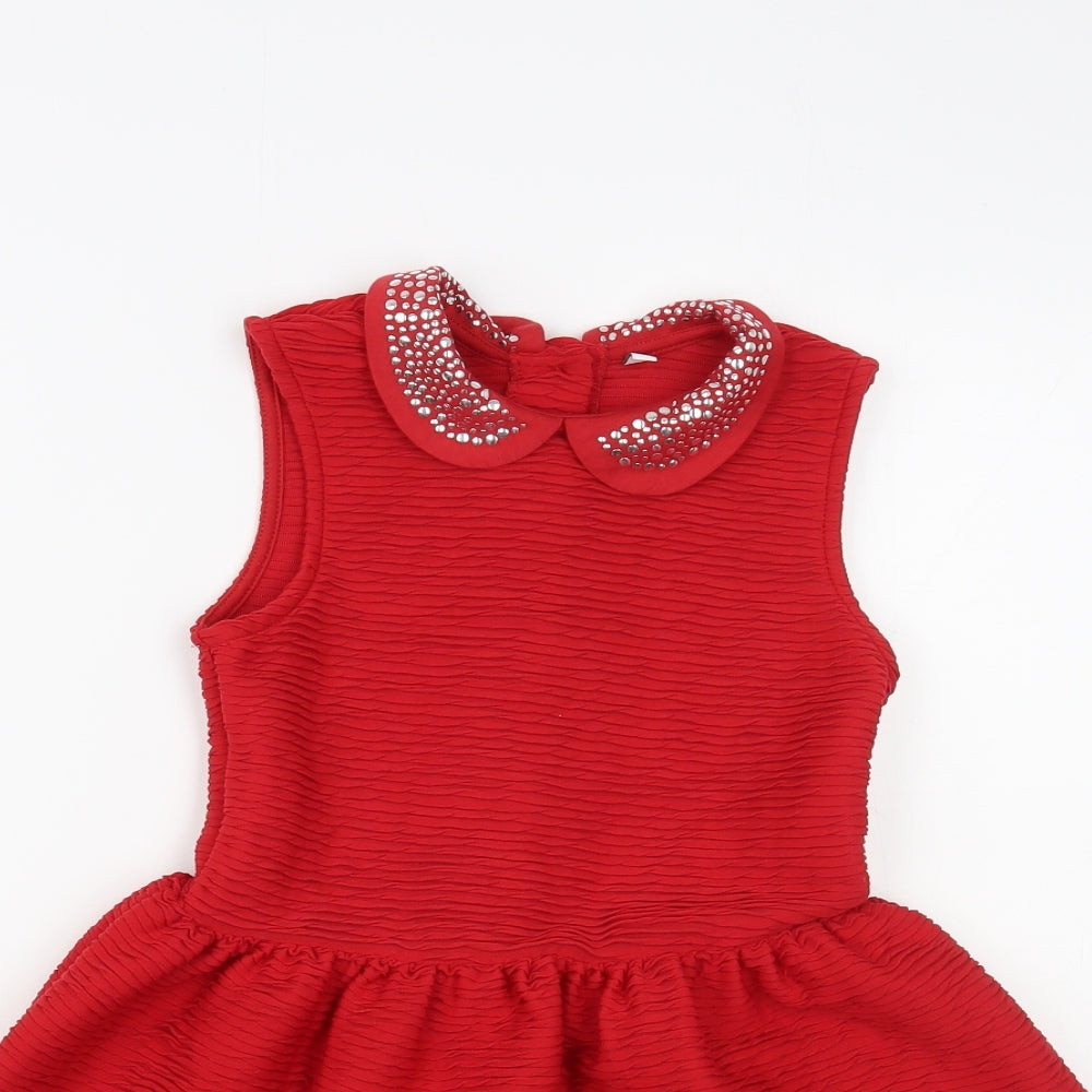 Marks and Spencer Girls Red Polyester Fit & Flare Size 7-8 Years Collared Button - Embellished Collar