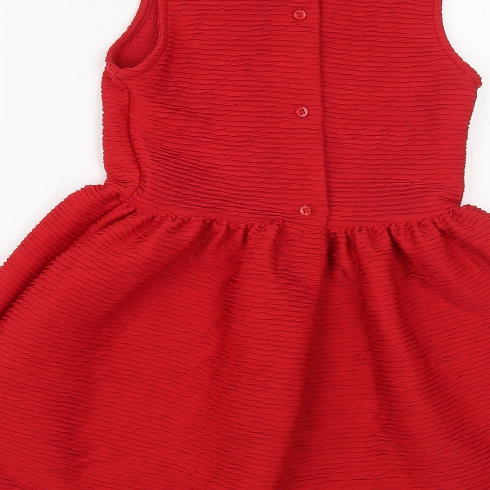 Marks and Spencer Girls Red Polyester Fit & Flare Size 7-8 Years Collared Button - Embellished Collar