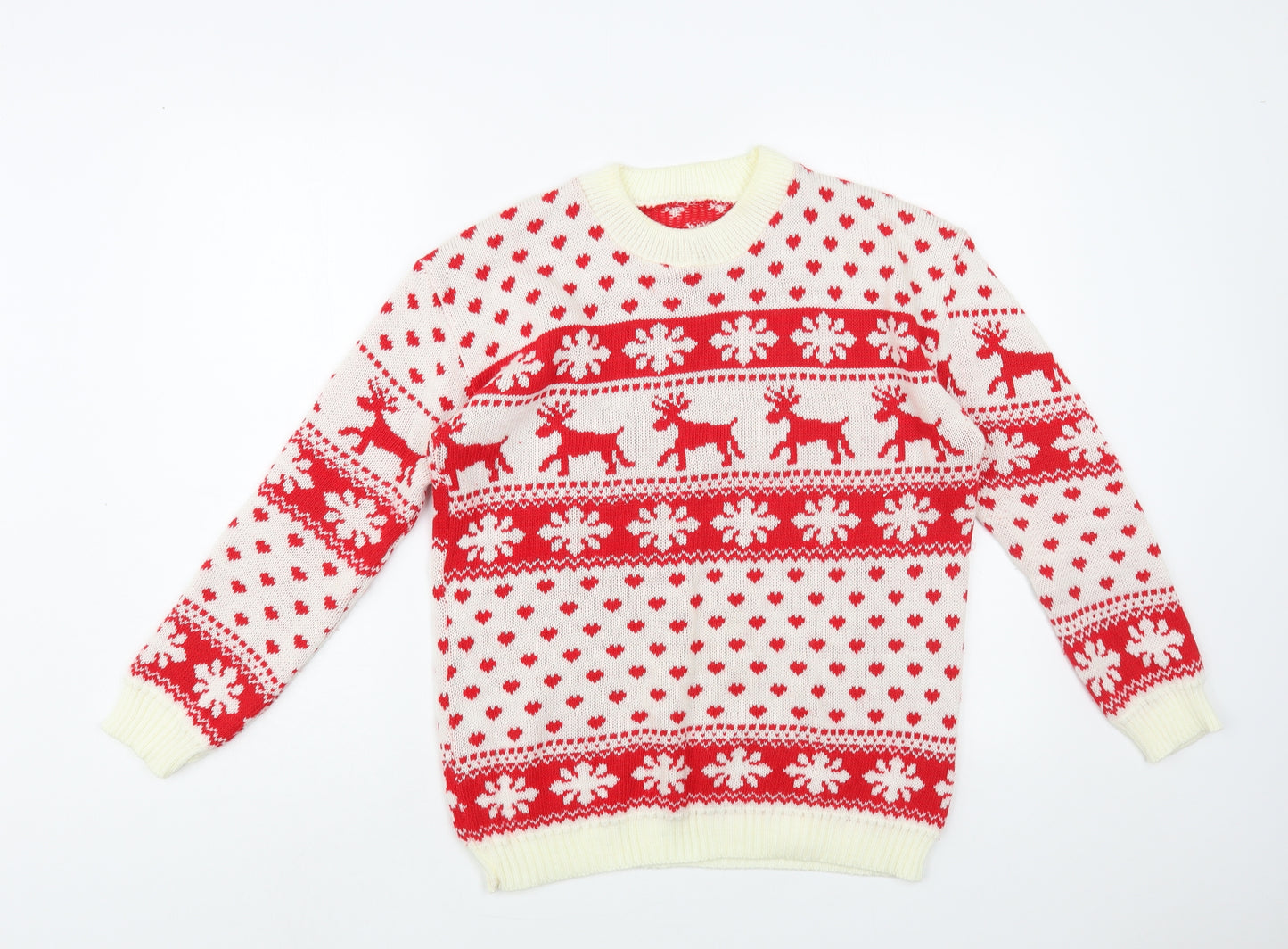 Preworn Womens White Crew Neck Fair Isle Acrylic Pullover Jumper Size M - Christmas Jumper