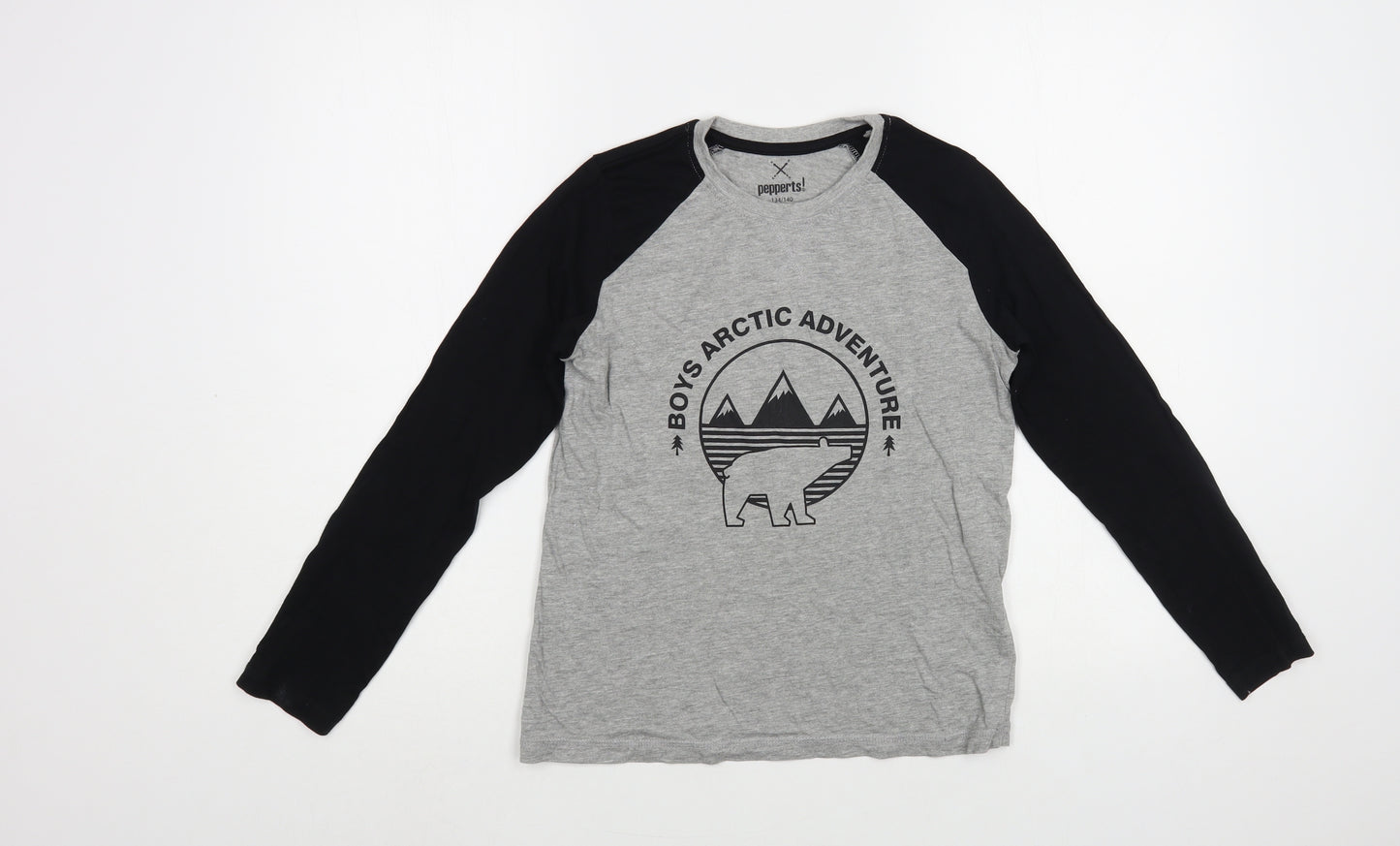 Pepperts Boys Grey Colourblock Cotton Pullover T-Shirt Size 8-9 Years Crew Neck Pullover - Polar Bear