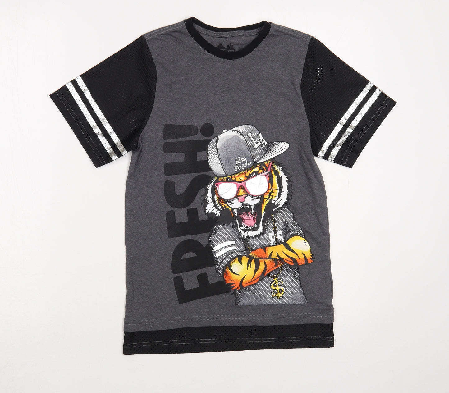 F&F Boys Grey Cotton Pullover T-Shirt Size 8-9 Years Crew Neck Pullover - Tiger