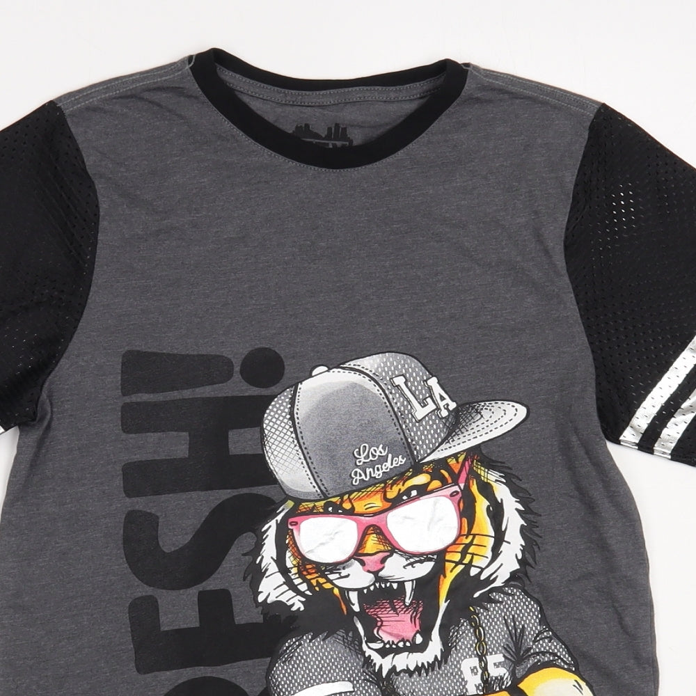 F&F Boys Grey Cotton Pullover T-Shirt Size 8-9 Years Crew Neck Pullover - Tiger