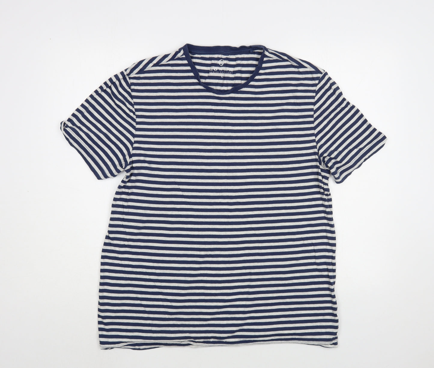 Howick Mens Blue Striped Cotton T-Shirt Size L Crew Neck