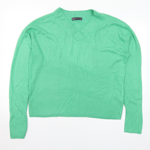 Marks and Spencer Womens Green V-Neck Acrylic Pullover Jumper Size 14