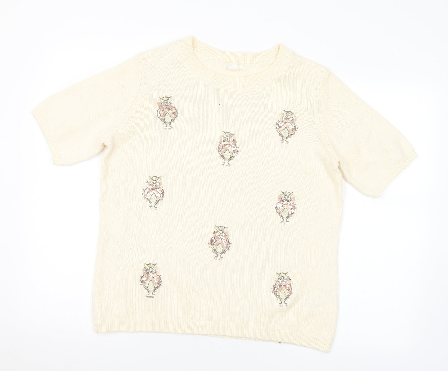 H&M Womens Ivory Round Neck Geometric Acrylic Pullover Jumper Size M - Sequin Owls