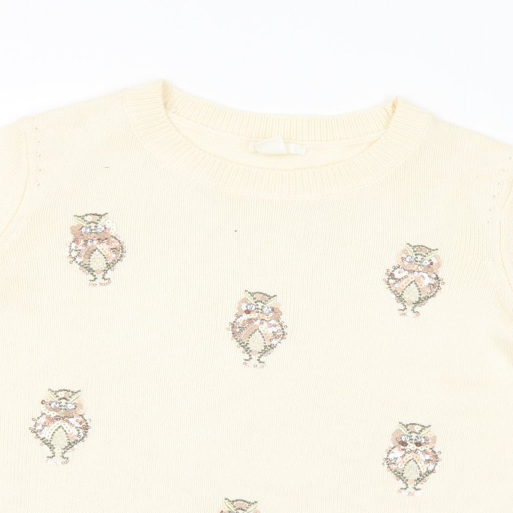 H&M Womens Ivory Round Neck Geometric Acrylic Pullover Jumper Size M - Sequin Owls