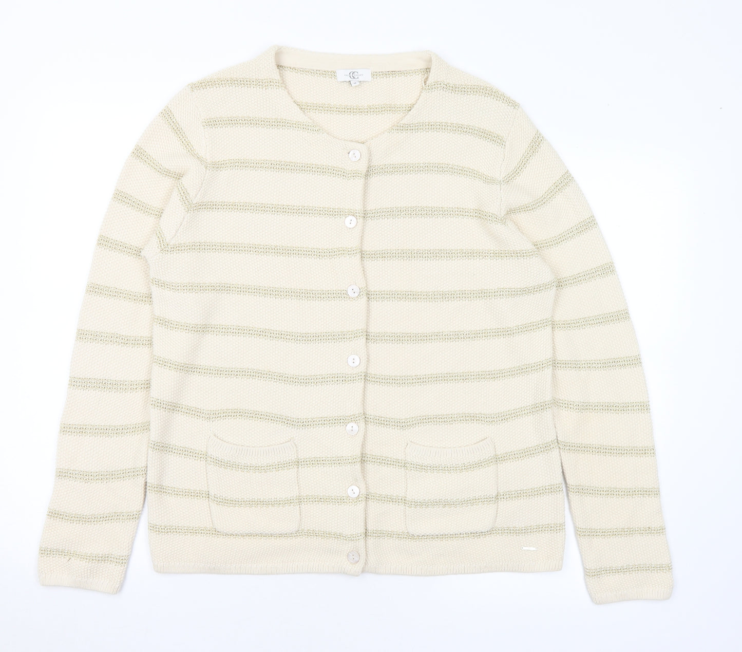 Country Casuals Womens Ivory Round Neck Striped Cotton Cardigan Jumper Size M