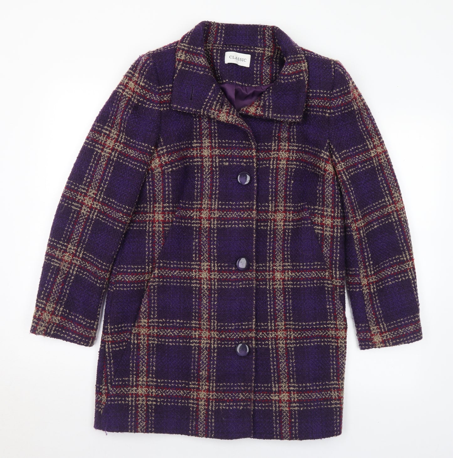 Marks and Spencer Womens Purple Plaid Pea Coat Coat Size 10 Button